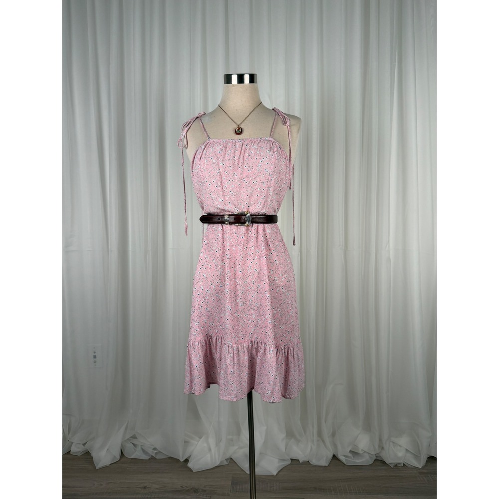Floral Ditsy Tie Strap Ruffle Mini Dress Womens Pink Size M